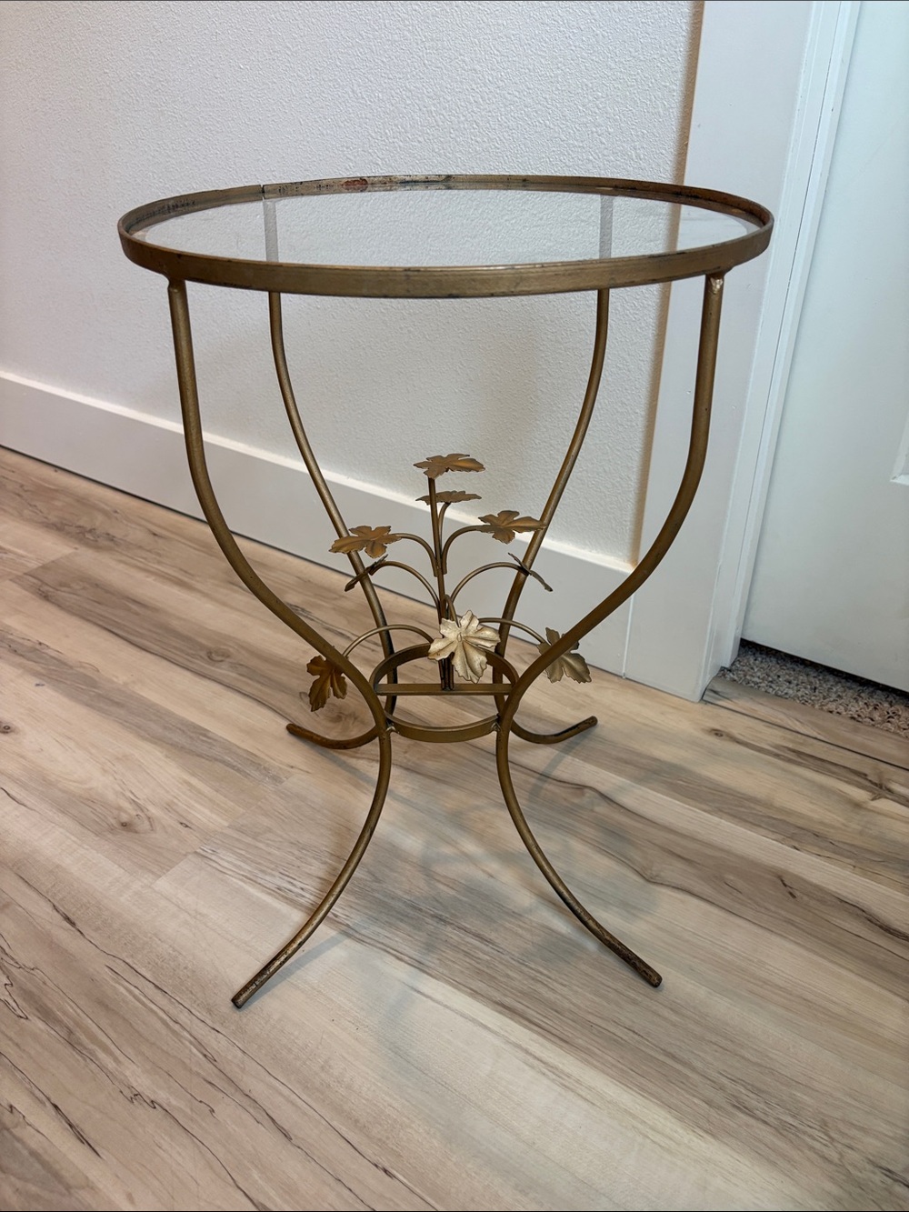 MCM Hollywood Regency Gold Gilt Metal Floral Martini Table Glass 21" Italian